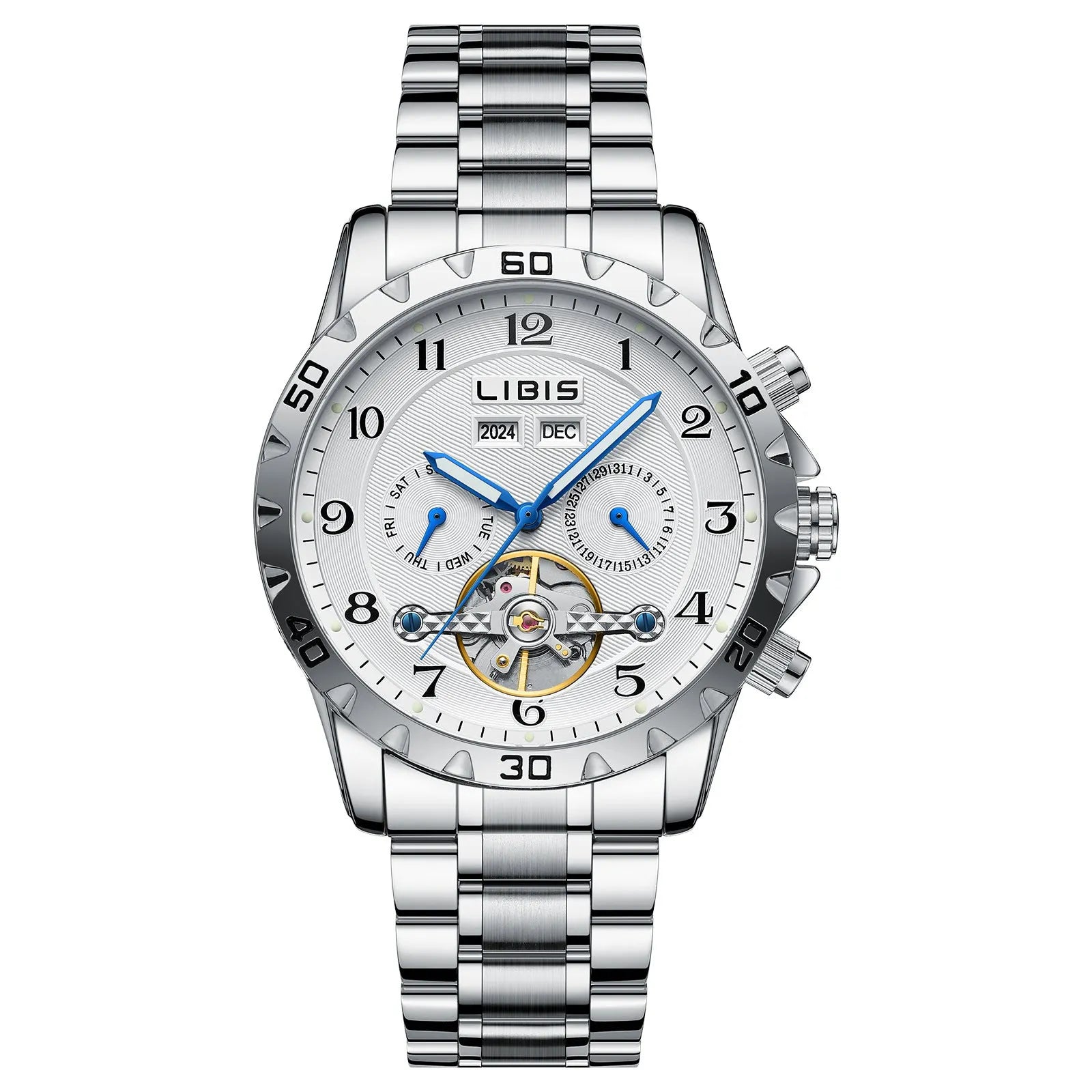 Silver stainless steel automatic perpetual calendar mechanical watch with sapphire crystal glass