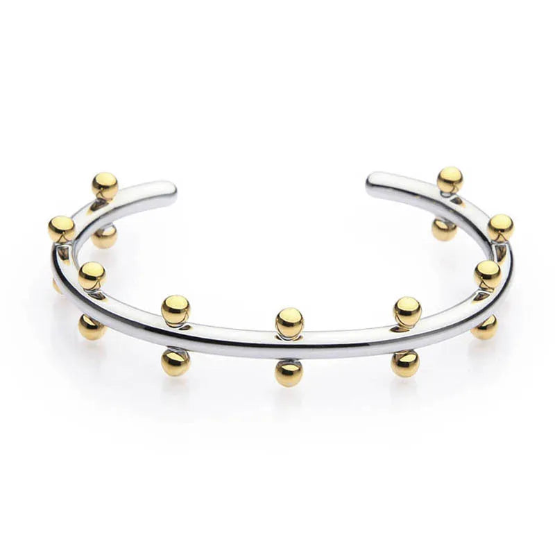 Stainless steel C-shaped bean bead bracelet with textured rivet detailing and alloy chain in three colour options