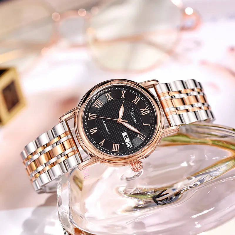Women's automatic mechanical watch with 12mm case on steel bracelet and leather strap colour options