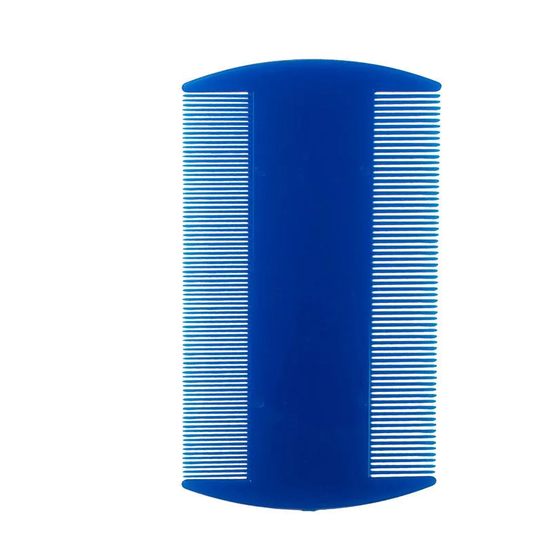 Double-edged plastic fine tooth flea and lice comb in assorted colours on a white background.
