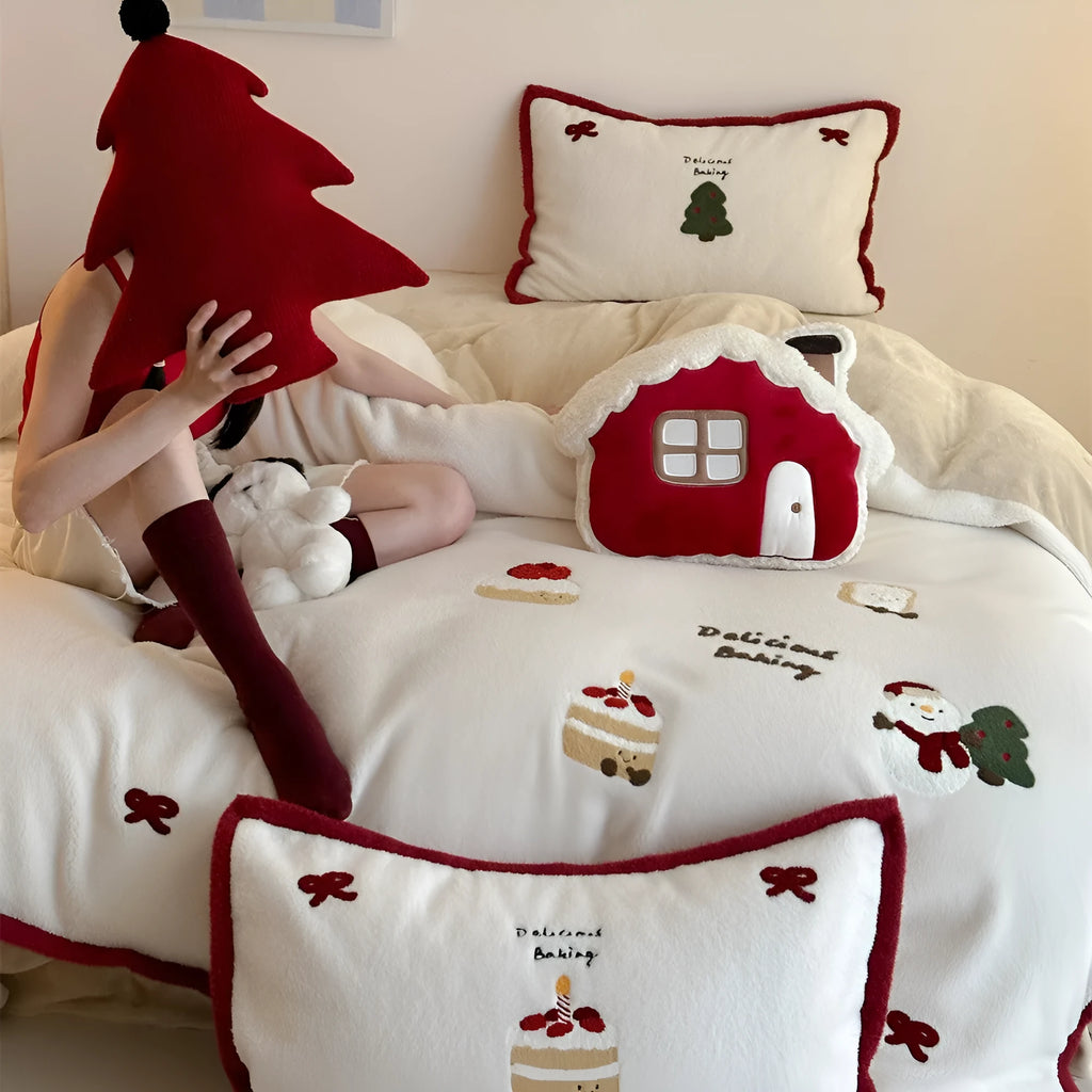 Winter Christmas cartoon bedding four-piece set with Xuefu Milk Pastry design on polyester bed sheet, duvet cover, and pillowcases