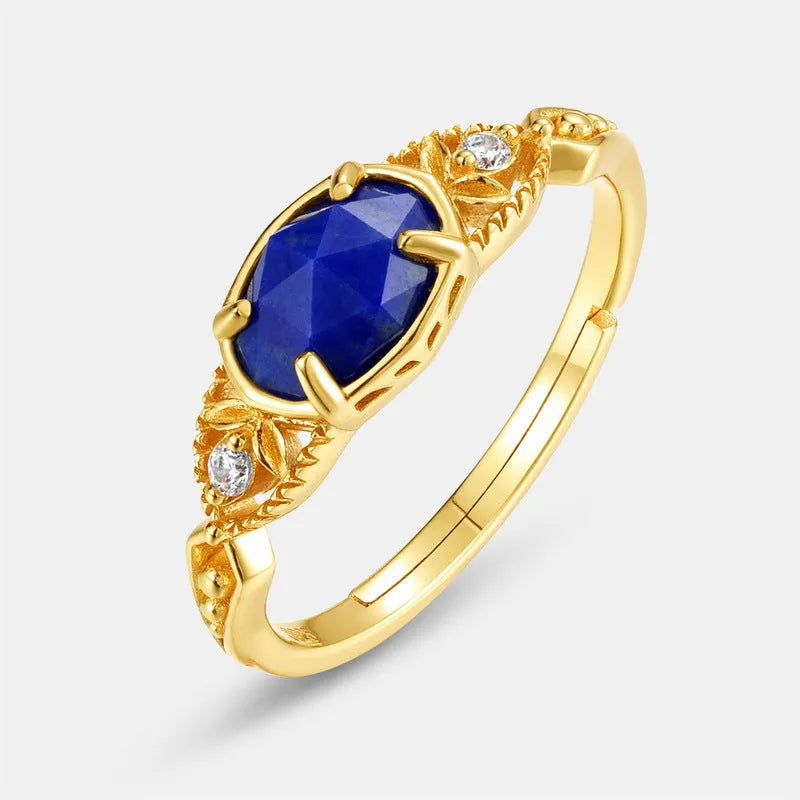 Japanese style lapis lazuli ring with forest night sky design on silver alloy band