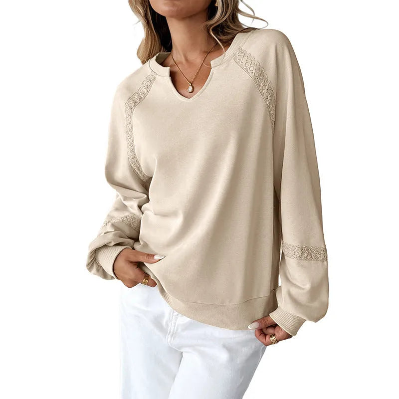 Women's long sleeve cotton polyester sweater with lace detail on half-open collar