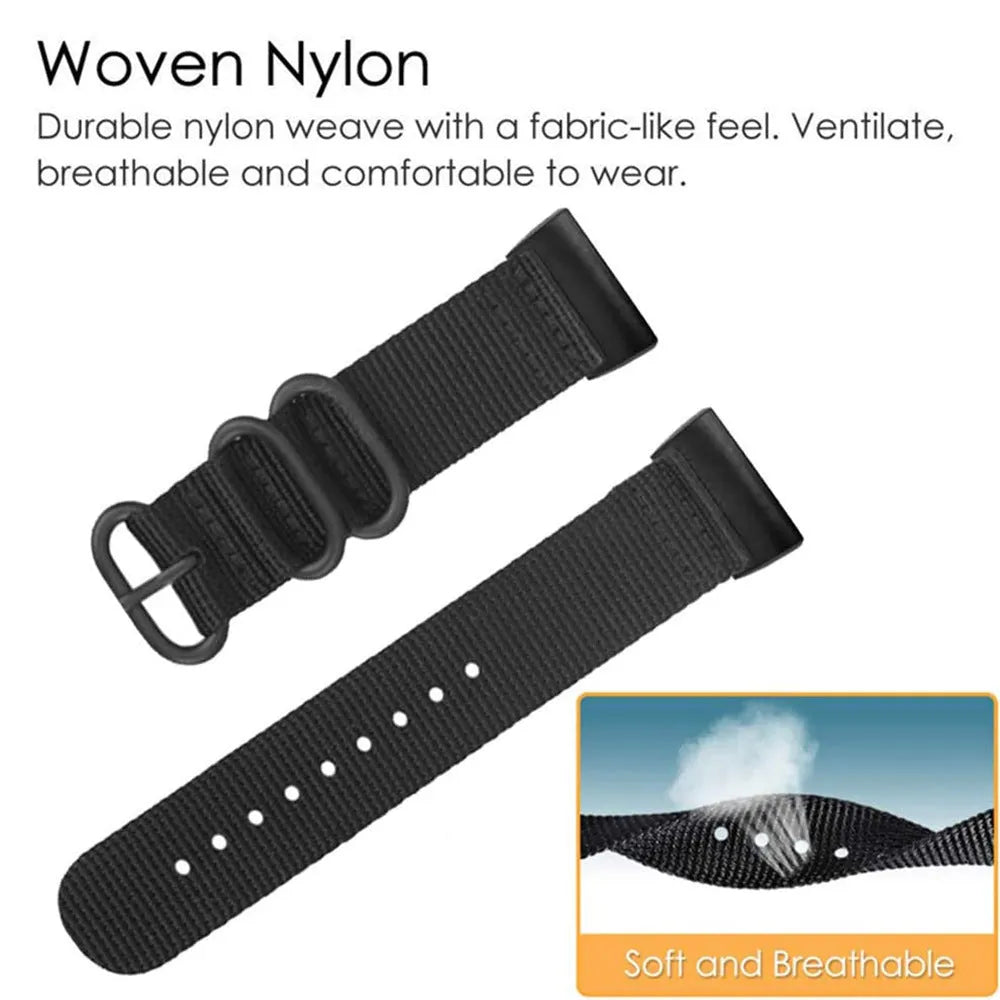 Nylon replacement watch strap with three-ring buckle for Fitbit Charge 2, 3, 4, and 5 fitness trackers.