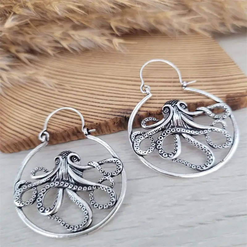 Vintage octopus earrings in antique silver finish with retro animal styling