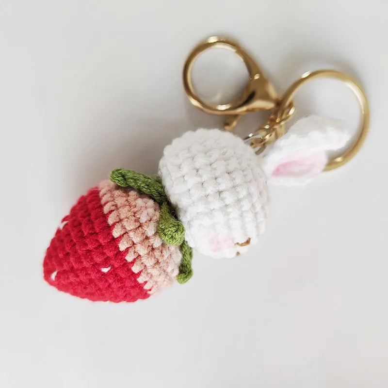 Hand-woven rabbit strawberry wire pendant with key attachment for jewellery making