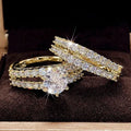 Geometric fully-jewelled female ring set in silver, gold, and rose gold colour options on a size chart.