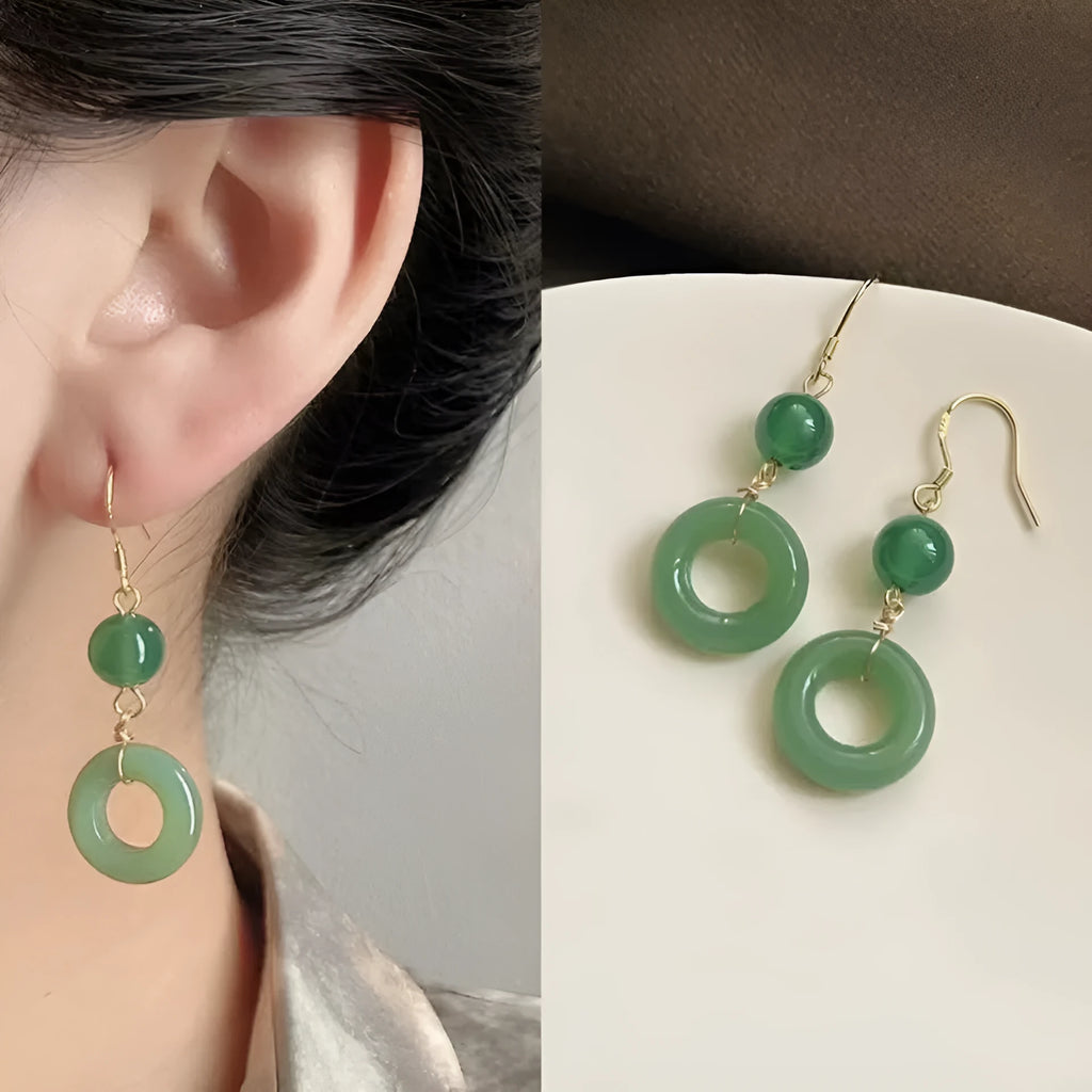 Green zinc alloy peace buckle earrings with geometric shape and ring elements for Chinese fashion