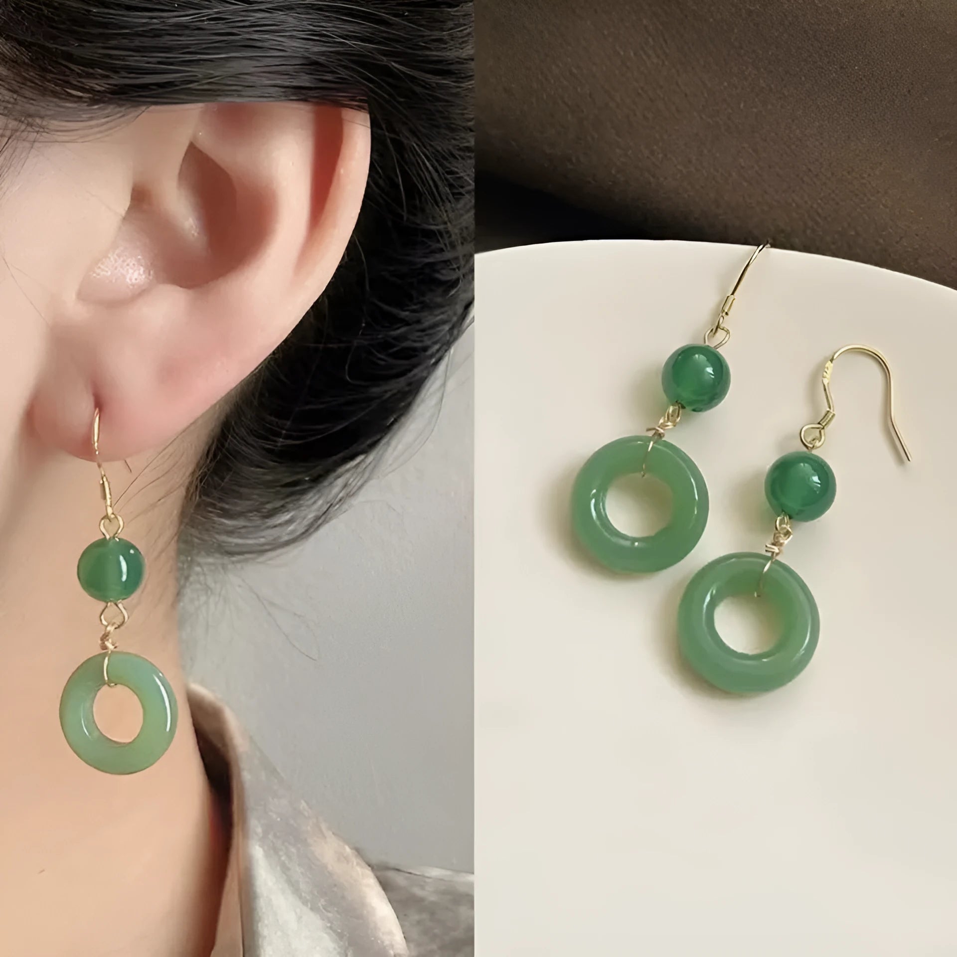 Green zinc alloy peace buckle earrings with geometric shape and ring elements for Chinese fashion