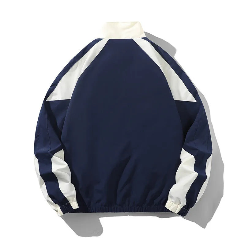 Men's black polyester jacket with contrast stitching and side seam pockets on a model