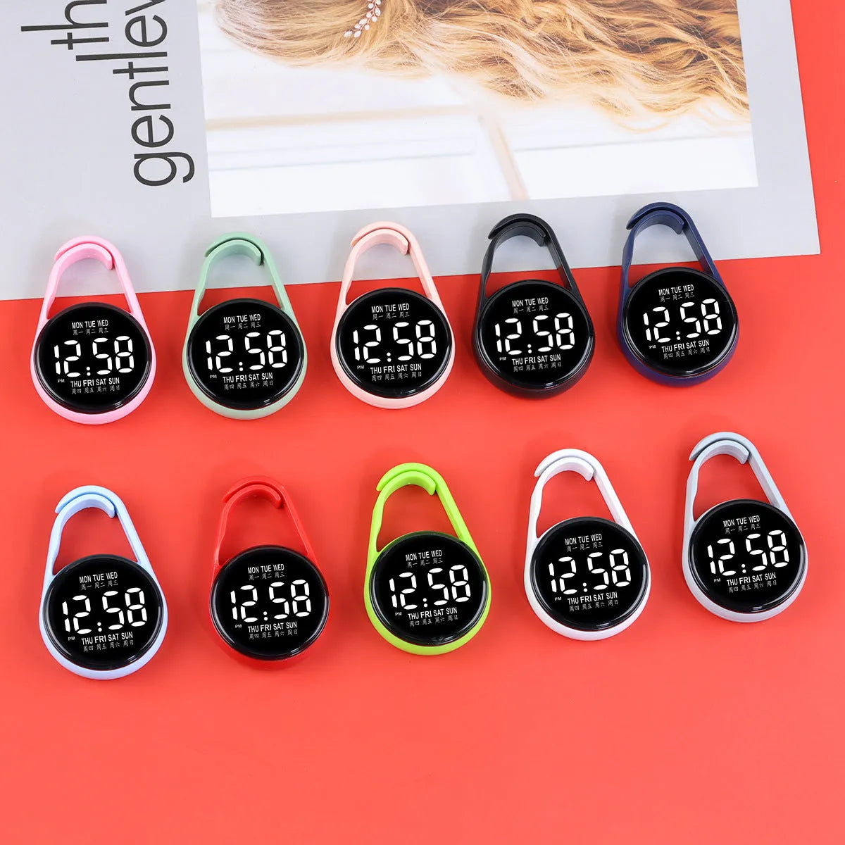Fashion LED electronic watch showing luminous digital time display on a plastic strap, available in multiple colours.