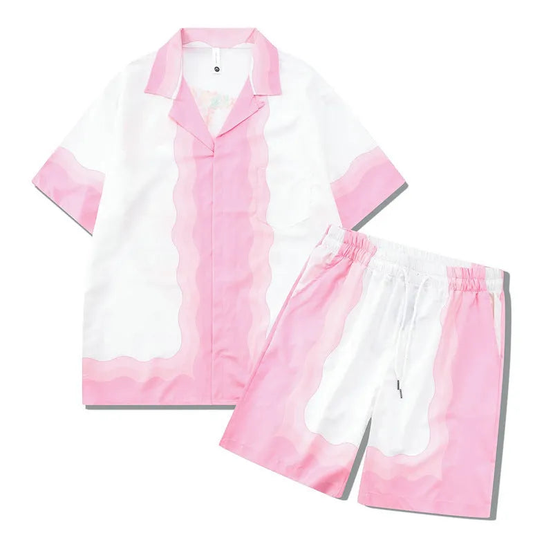 Plaid patterned beach shirt and trousers outfit set for men and women in polyester fabric