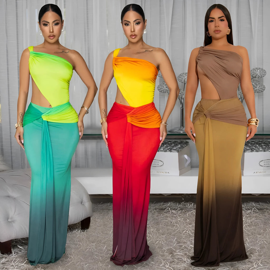 Women's long gradient dress with oblique shoulder and sleeveless design in green.