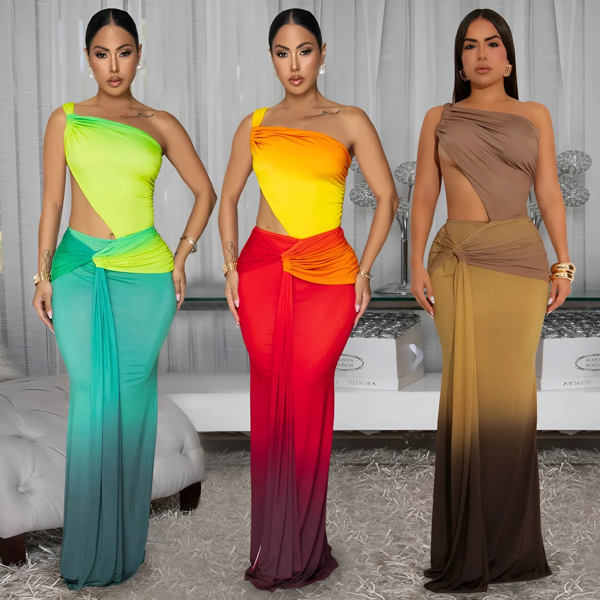Women's long gradient dress with oblique shoulder and sleeveless design in green.