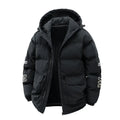 Men's black hooded cardigan coat with cotton padding and side seam pockets.