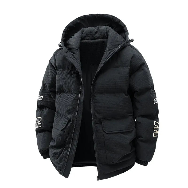 Men's black hooded cardigan coat with cotton padding and side seam pockets.