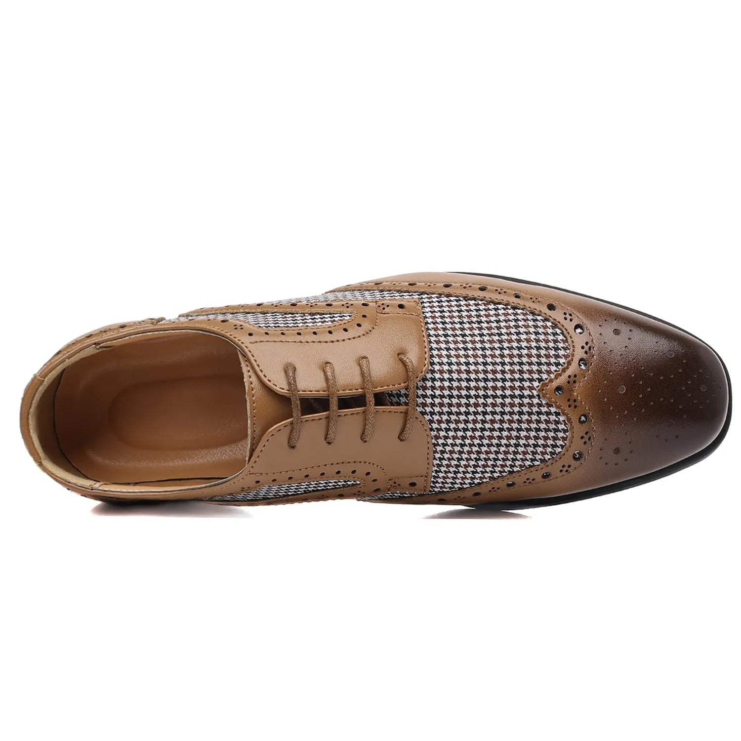 Man's imitation houndstooth plaid casual shoe in black with square toe and lace-up front.