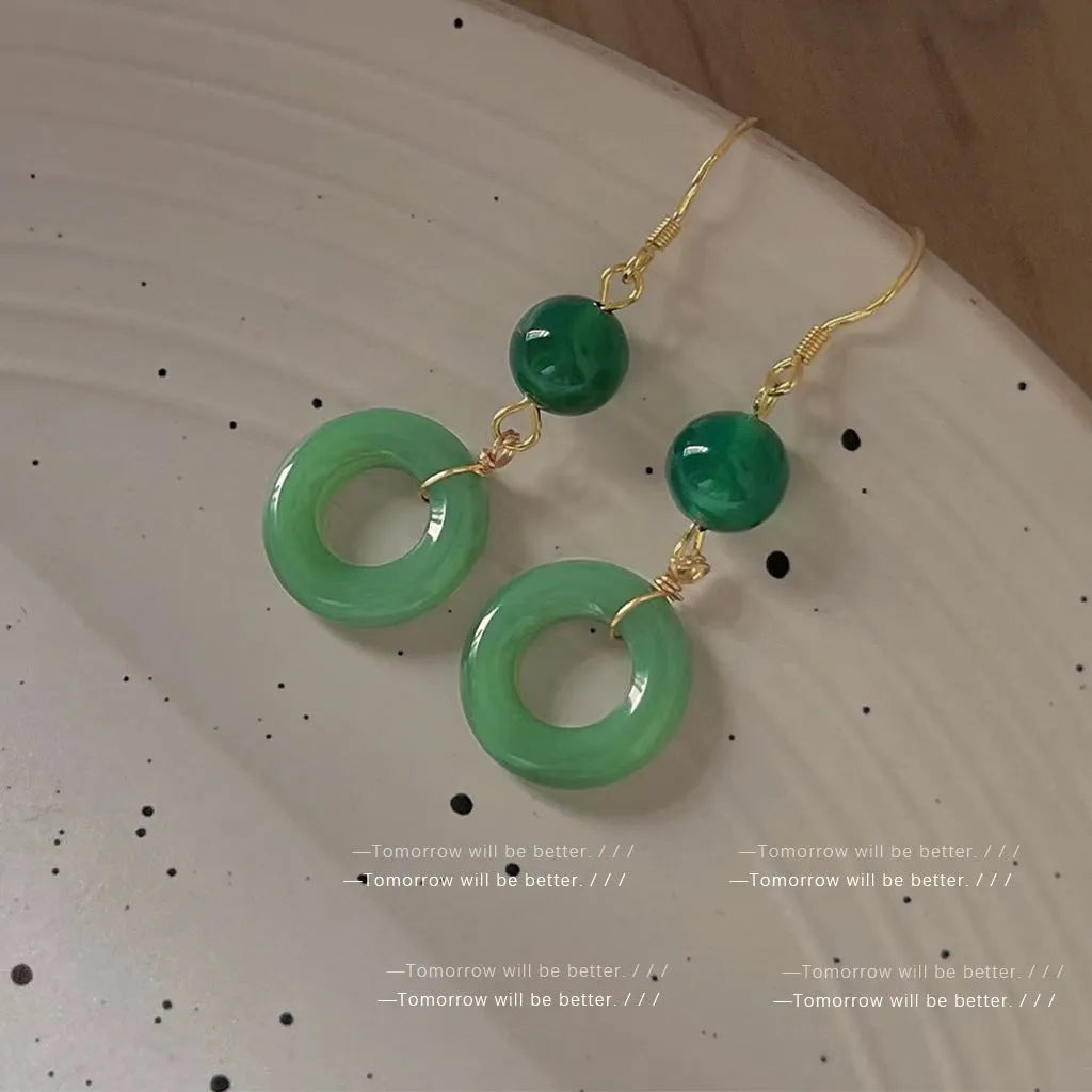 Green zinc alloy peace buckle earrings with geometric shape and ring elements for Chinese fashion