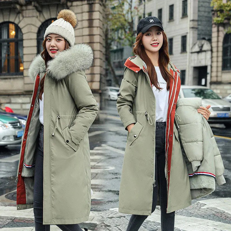 Women's long beige trench coat with down cotton padding and two-way design featuring long sleeves