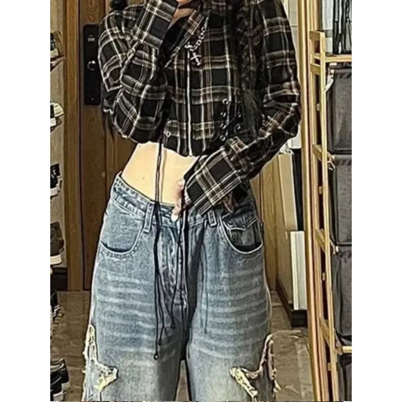 Women's blue high-waist straight-leg jeans with micro elasticity cotton denim fabric