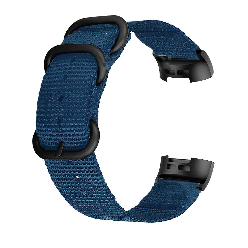 Nylon replacement watch strap with three-ring buckle for Fitbit Charge 2, 3, 4, and 5 fitness trackers.