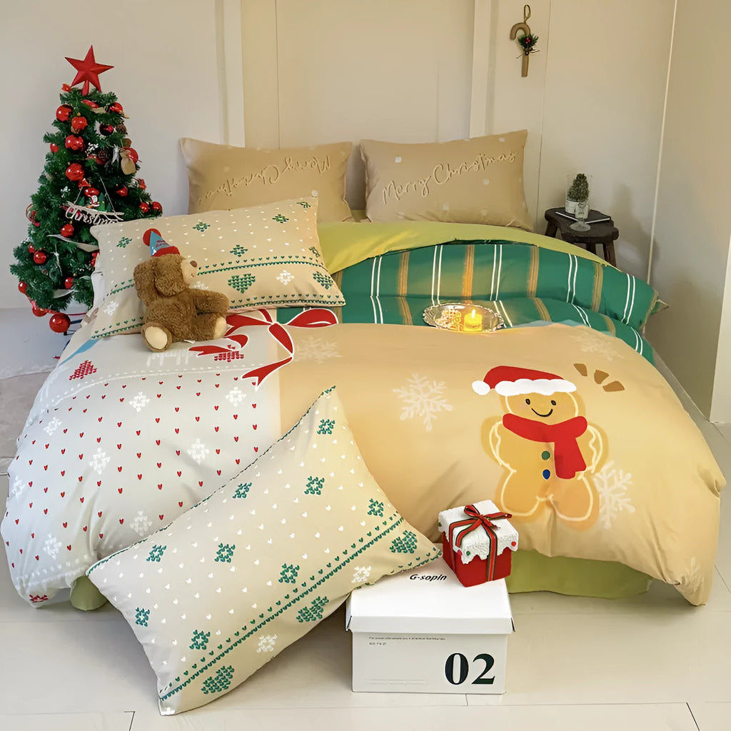 Christmas cartoon print bedding four-piece set on a bed, showing duvet cover and pillowcases.