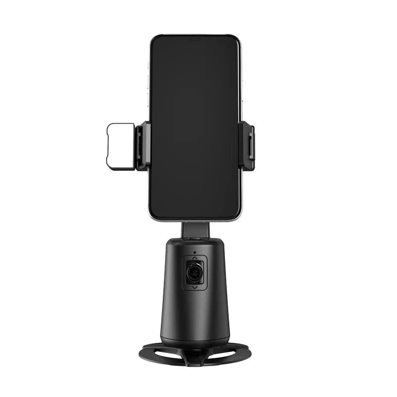 Black desktop smartphone bracket with intelligent face tracking and rotating camera head with ribbon lights