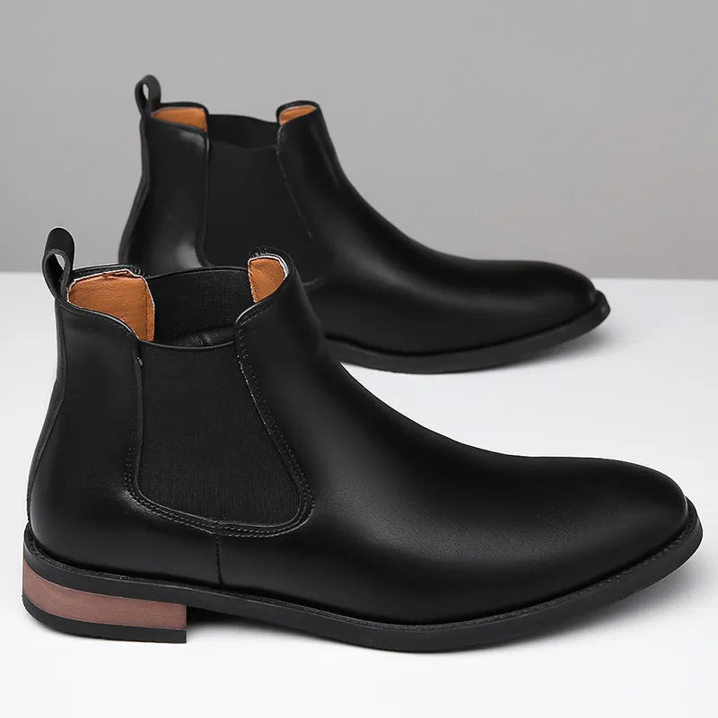 Men's Chelsea boots in black and light brown with pointed toe and mid-calf height