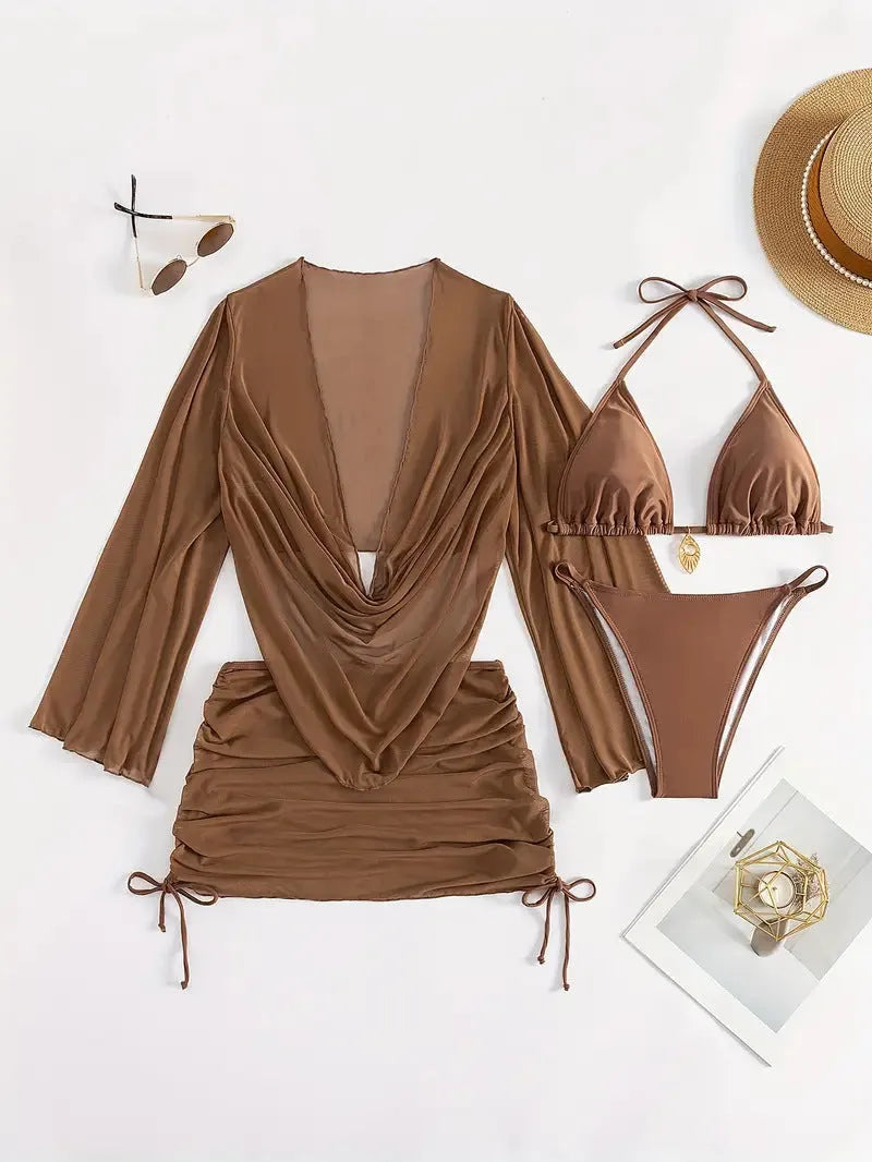 Dark brown sleeveless lace-up backless women's swimsuit on a mannequin