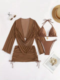 Dark brown sleeveless lace-up backless women's swimsuit on a mannequin