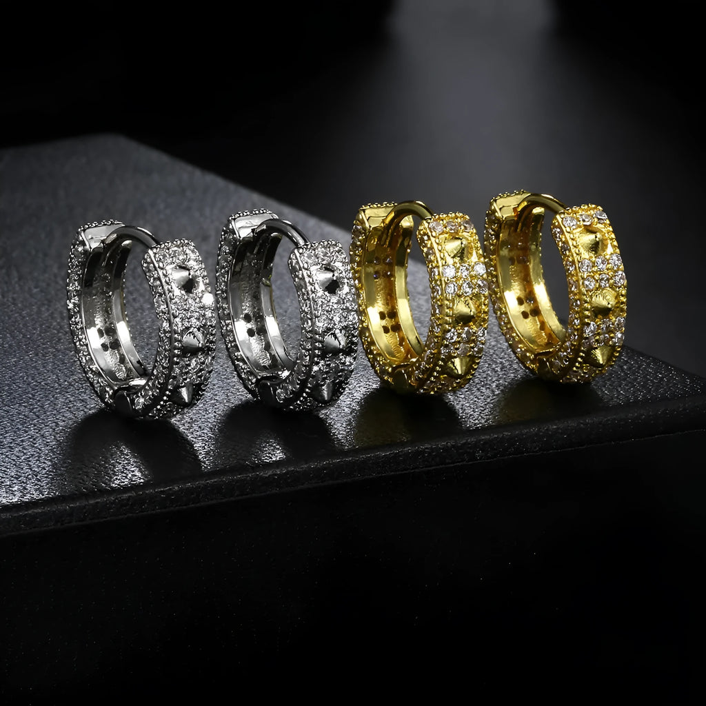 Geometric hip hop ear clip earrings with full diamond design and circular decorative elements