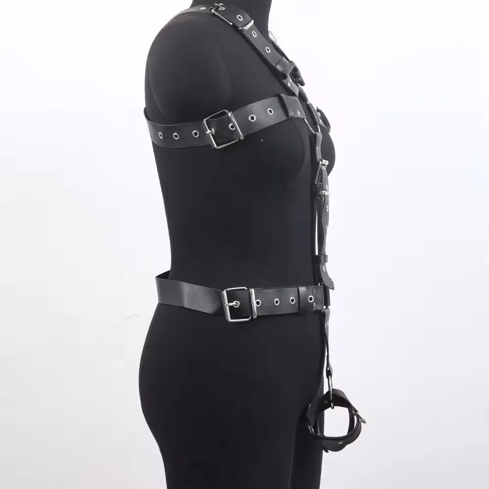 Black thin-strap imitation leather body harness waist belt with a pin buckle fastening.