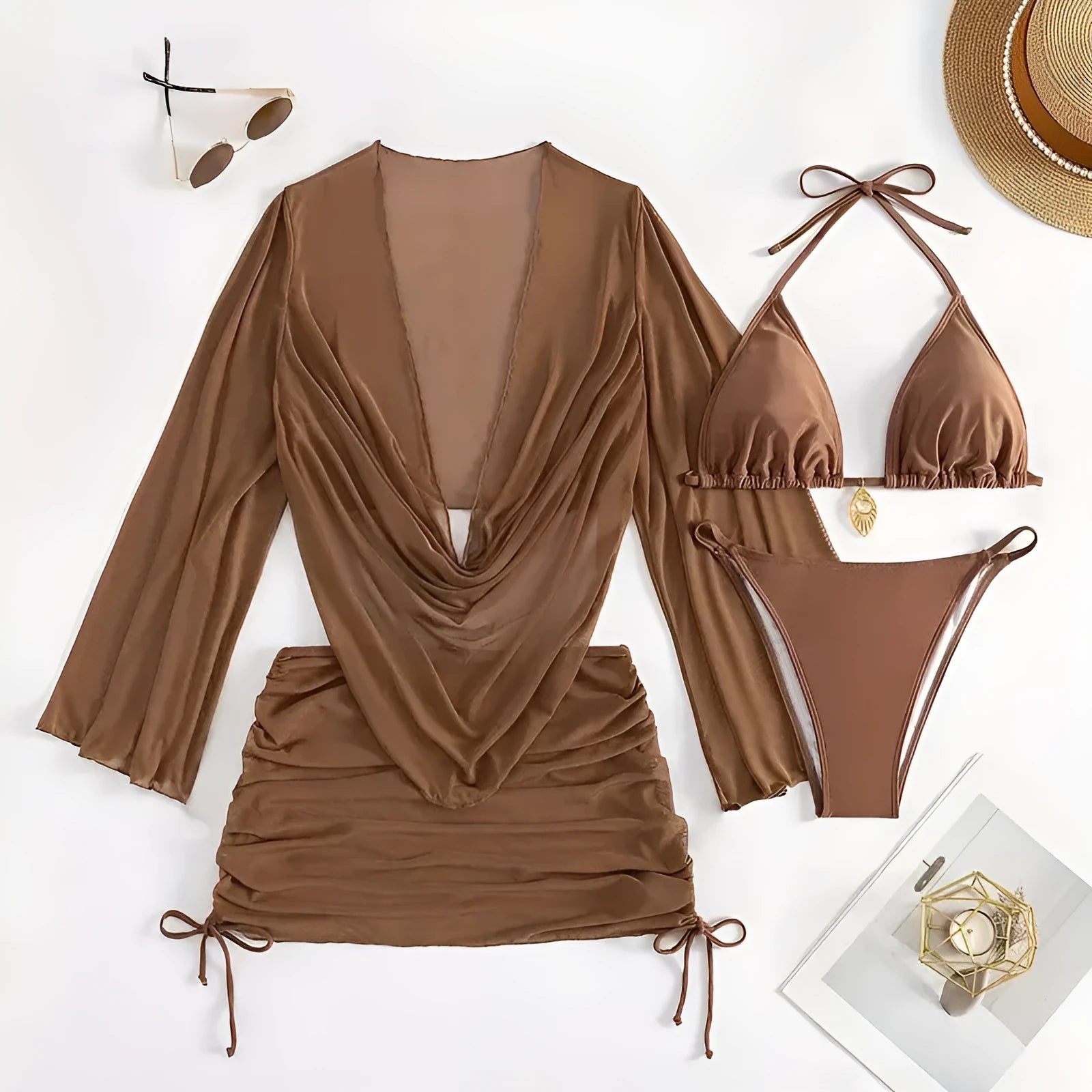 Dark brown sleeveless lace-up backless women's swimsuit on a mannequin