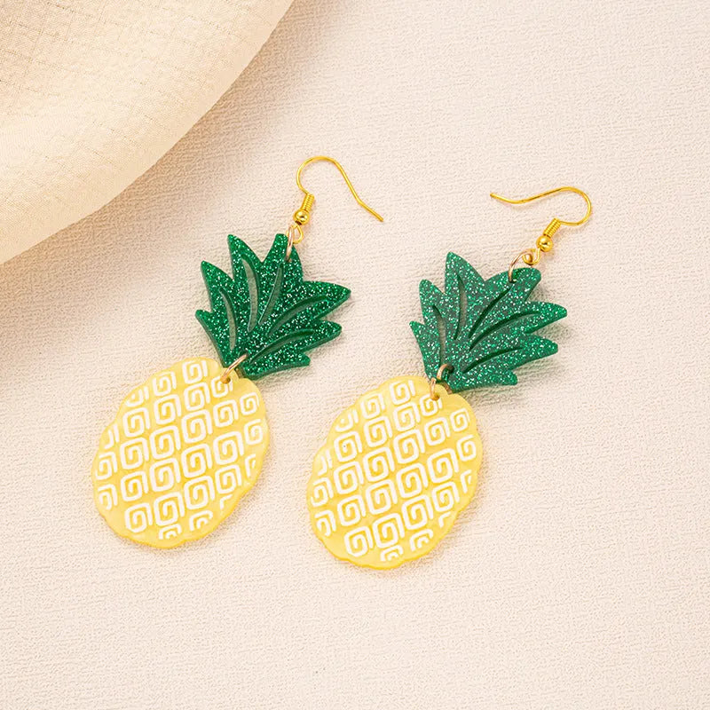 Colourful acrylic jackfruit-shaped drop earrings on an alloy hook, showing one of five style variations.