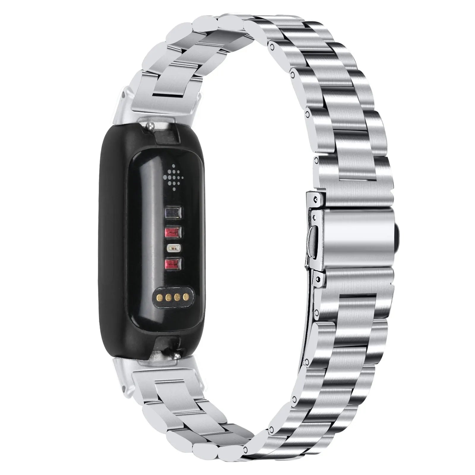 Stainless steel three-bead watch strap for Fitbit Inspire 3 in silver colour.