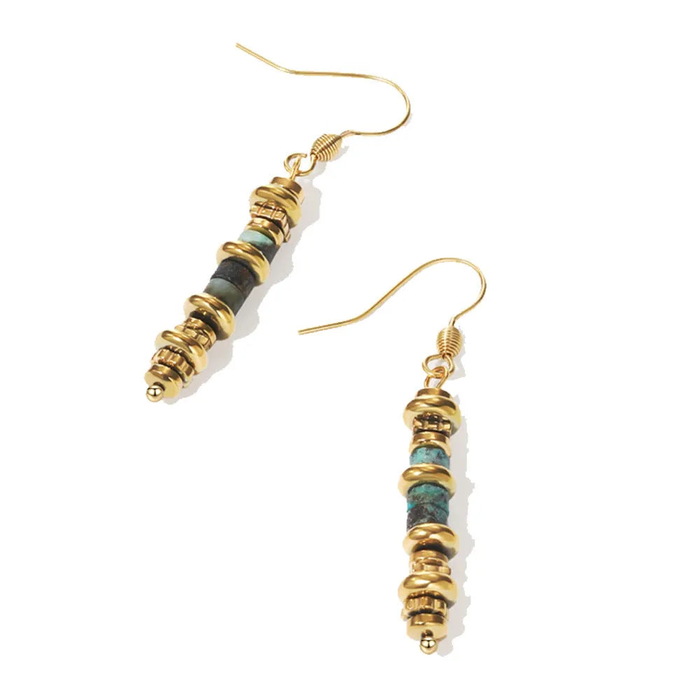A pair of geometric-shaped, gold-coloured titanium steel dangle earrings on a white background.