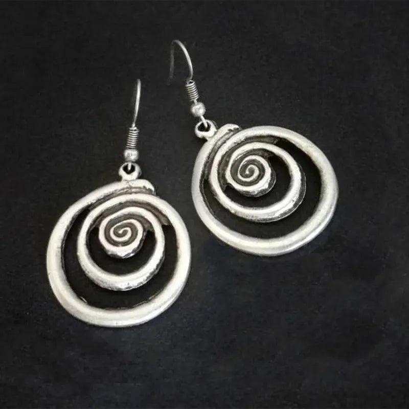 Geometric spiral earrings in distressed silver with national style design elements