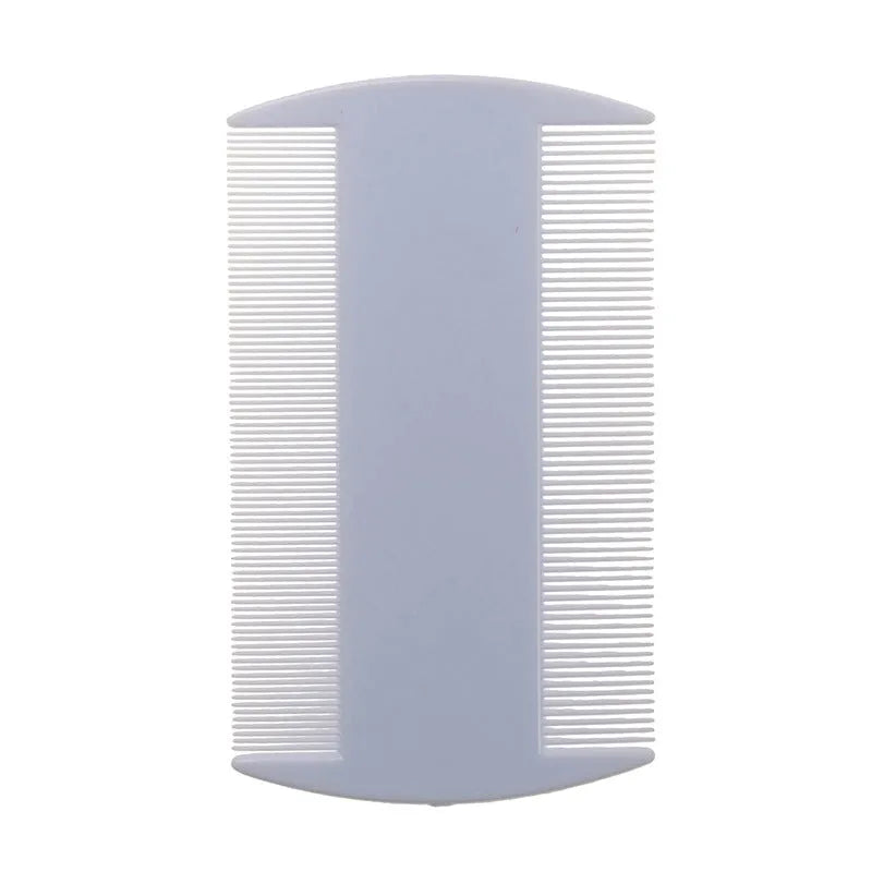 Double-edged plastic fine tooth flea and lice comb in assorted colours on a white background.