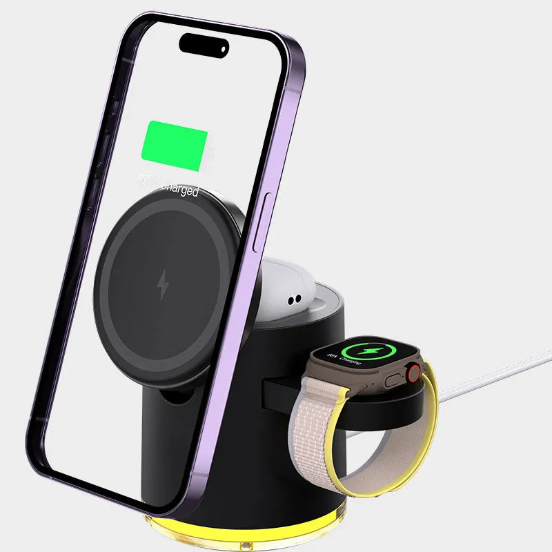 C16 portable magnetic three-in-one wireless folding charger in ivory white and black colour options