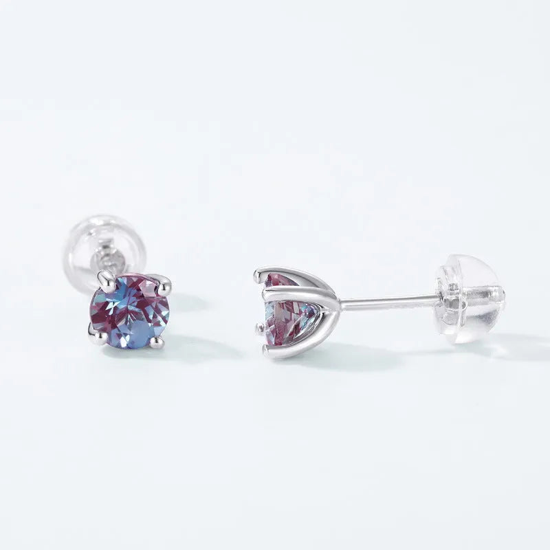 Simple geometric stud earrings with a round cultivate alexandrite stone on a 925 silver post.