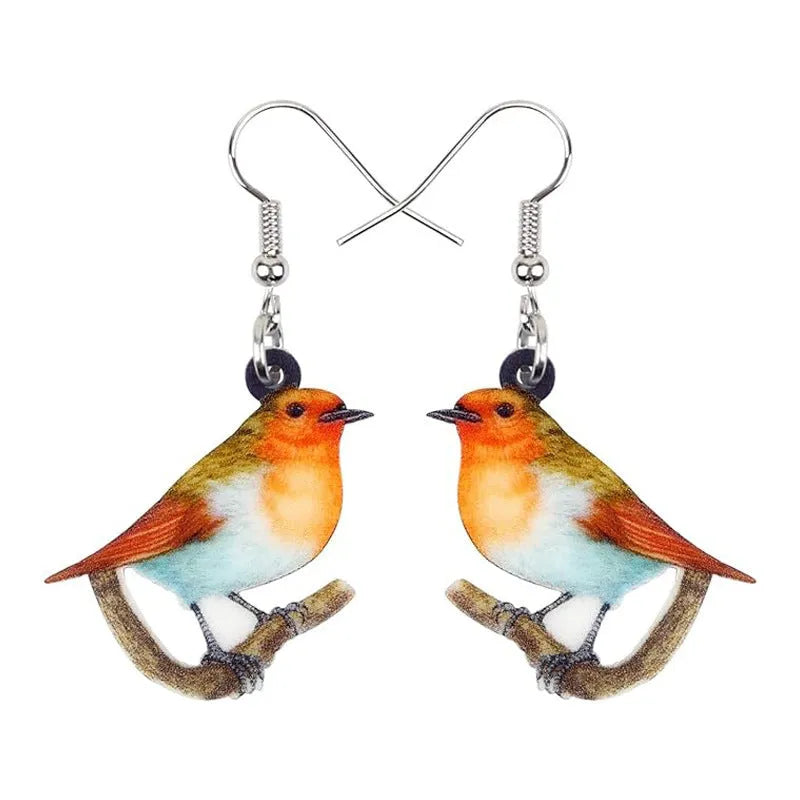 A pair of blue titmouse and snake design acrylic pendant earrings with geometric shape.