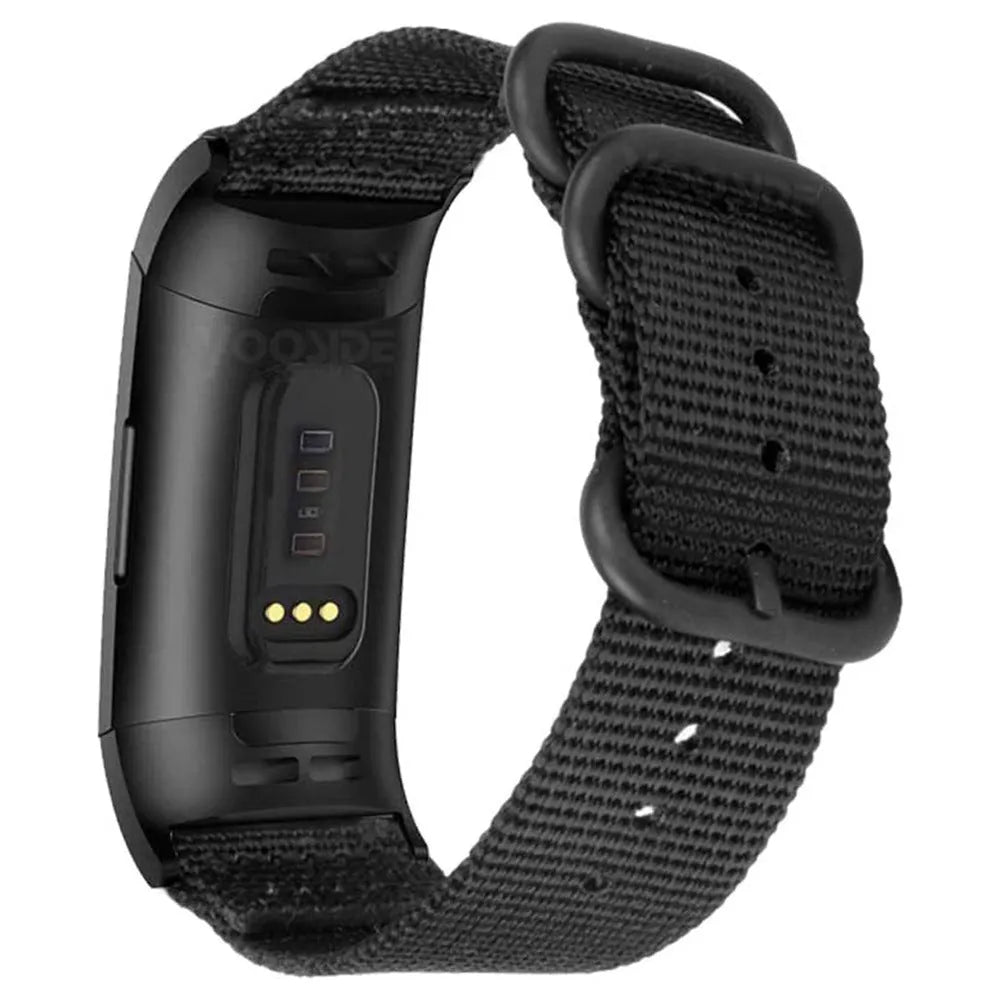 Nylon replacement watch strap with three-ring buckle for Fitbit Charge 2, 3, 4, and 5 fitness trackers.