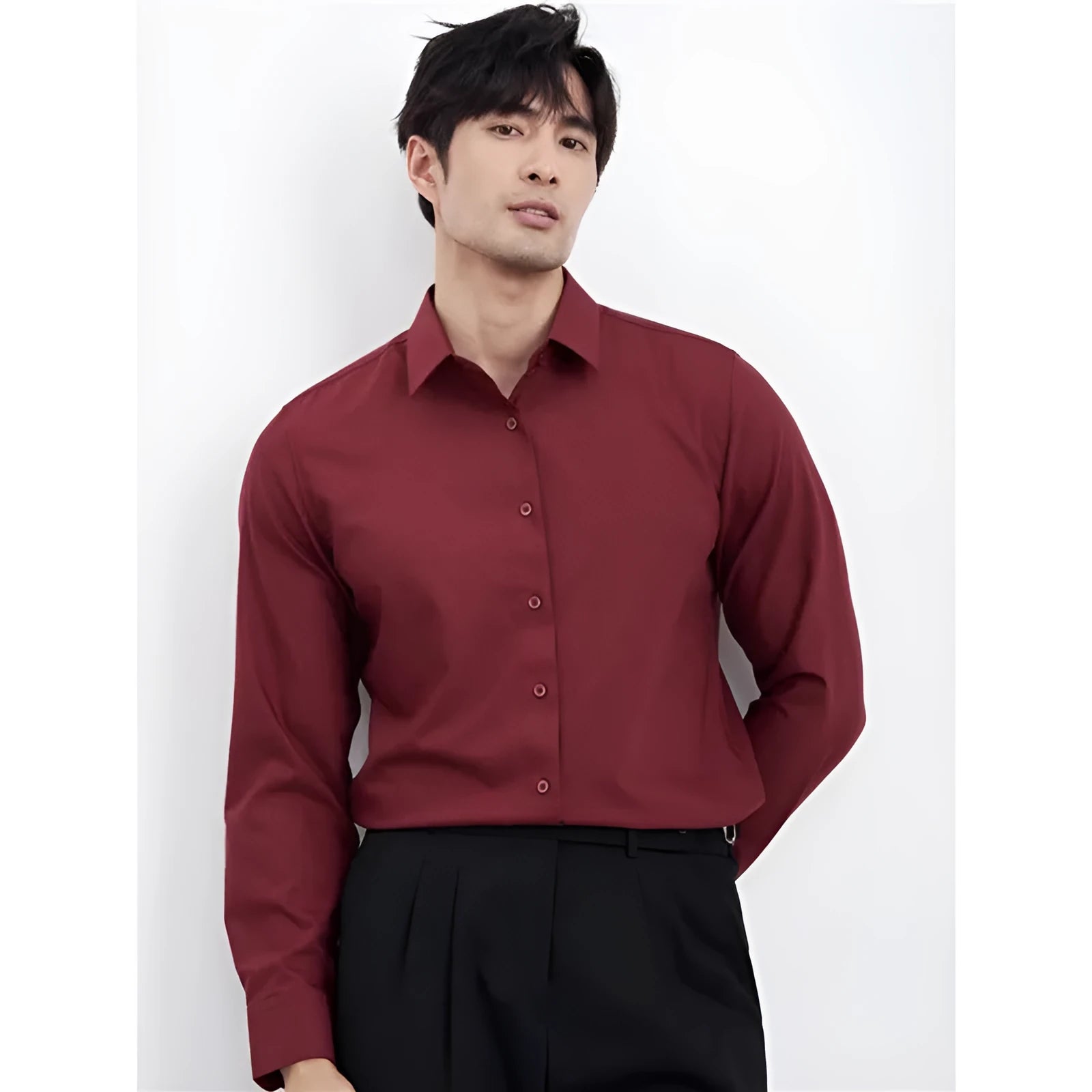Men's wine red slim fit long sleeve casual shirt on a hanger