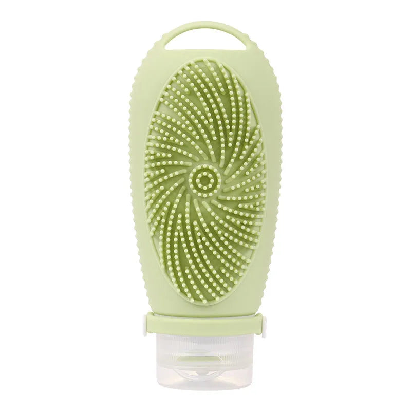 Silicone bath brush storage bottle in various colours showing 100ml capacity for bathroom organisation