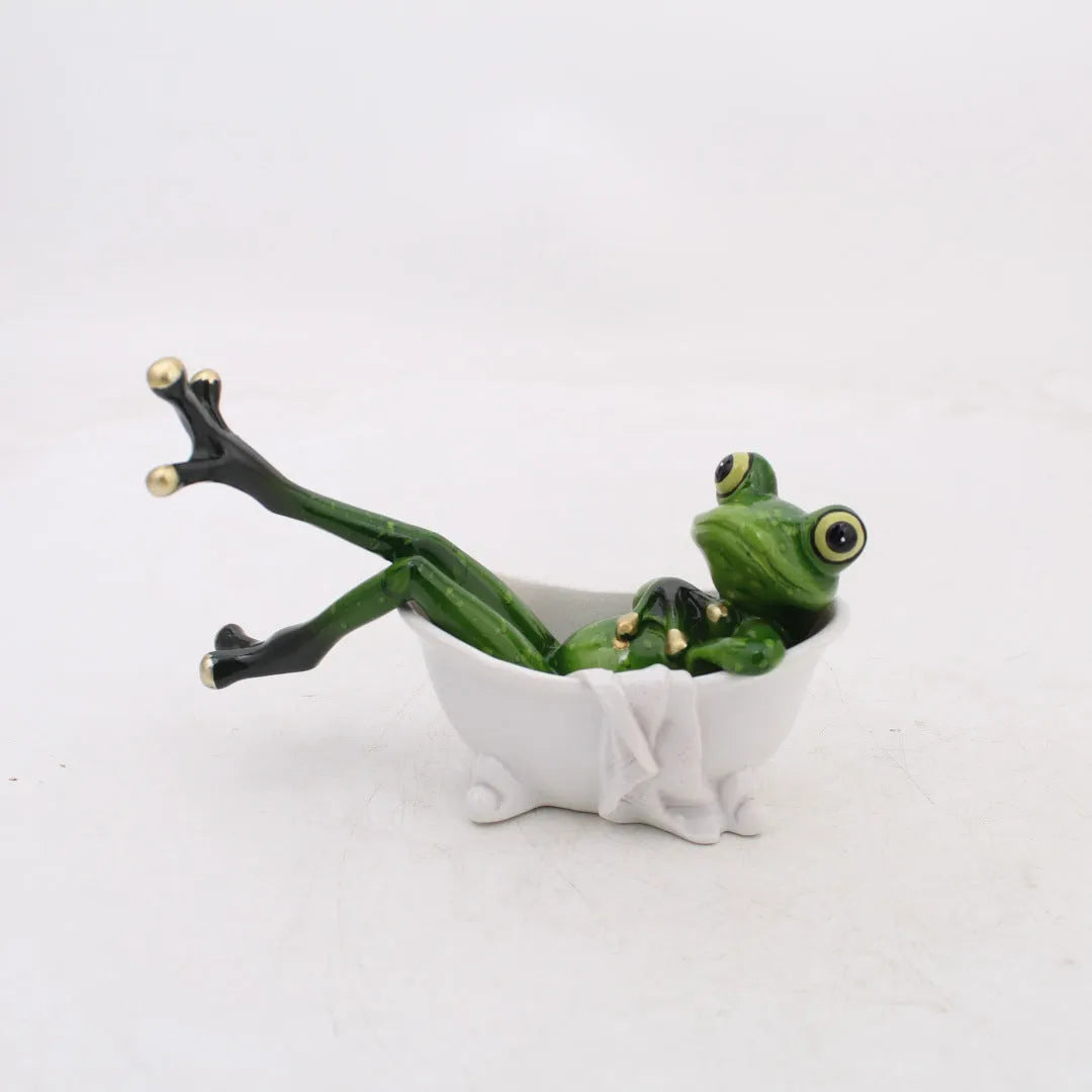 Pastoral style synthetic resin frog sculpture decoration for home interiors.