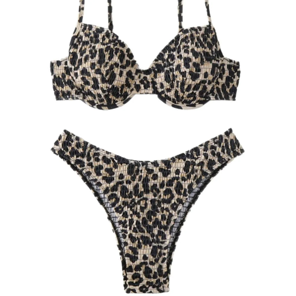 Leopard print backless bikini swimsuit for women in polyester with spandex lining