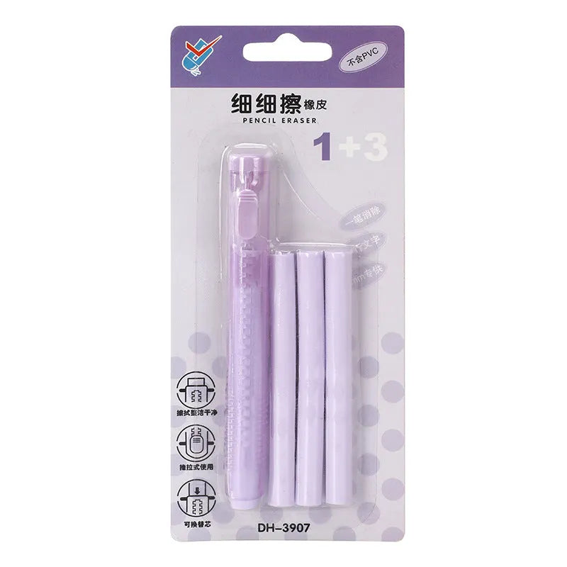 Children's push-type automatic eraser in blue, green, pink, or purple colours showing 12cm by 8cm dimensions