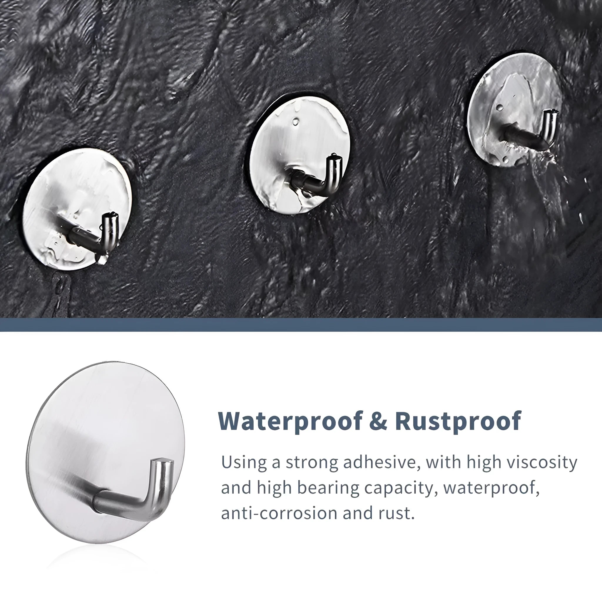 Self-adhesive stainless steel wall hook in black and polished finishes