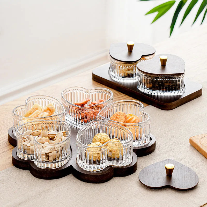 Glass fruit platter set with transparent heart-shaped lid in mild luxury retro style