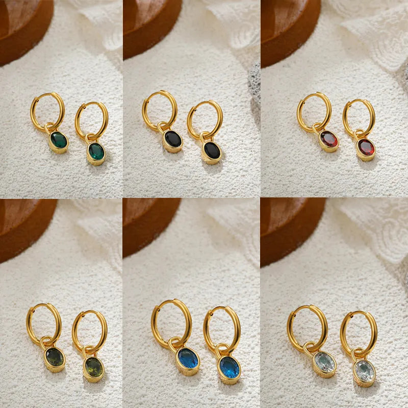 Women's retro oval drop earrings with zircon, shown in an Army Green colour option.